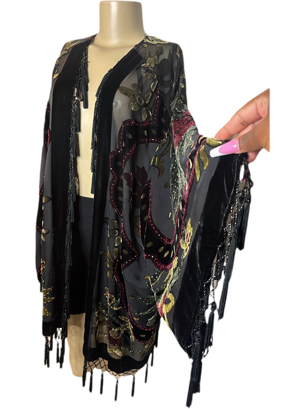 Vintage 90s J.B.S Ltd Abstract Floral Semi Sheer Fringe Duster - Picture 5 of 7